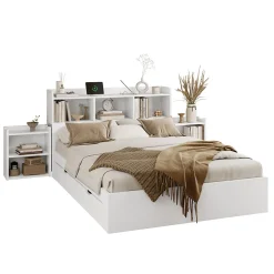 Okwish Lit avec Rangement 140x200 cm - Lit Double avec 2 Tables de Nuit Extractibles - MDF Robuste - Sans Matelas - Blanc