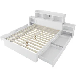 Okwish Lit avec Rangement 140x200 cm - Lit Double avec 2 Tables de Nuit Extractibles - MDF Robuste - Sans Matelas - Blanc
