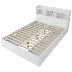 Okwish Lit avec Rangement 140x200 cm - Lit Double avec 2 Tables de Nuit Extractibles - MDF Robuste - Sans Matelas - Blanc