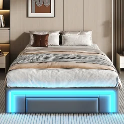 Okwish Lit avec rangement 90x200 cm - Lit simple avec 2 tiroirs et bande LED - Sans matelas - Gris
