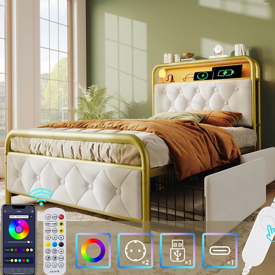 Okwish Lit avec Rangement 90x200 cm - Lit Capitonné Simple avec 2 Tiroirs, Prises USB et LED, Velours, Sans Matelas, Blanc