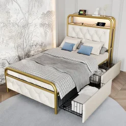 Okwish Lit avec Rangement 90x200 cm - Lit Capitonné Simple avec 2 Tiroirs, Prises USB et LED, Velours, Sans Matelas, Blanc
