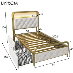 Okwish Lit avec Rangement 90x200 cm - Lit Capitonné Simple avec 2 Tiroirs, Prises USB et LED, Velours, Sans Matelas, Blanc