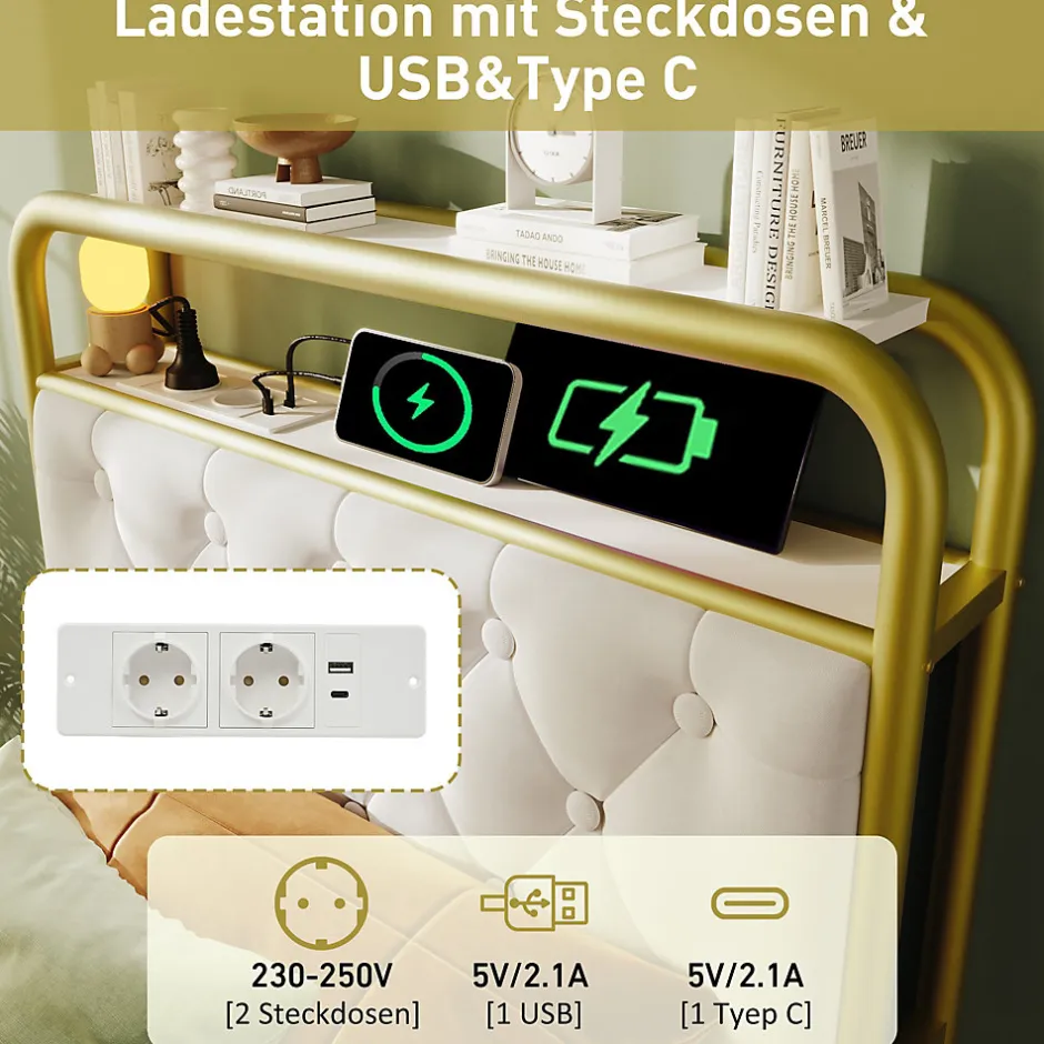 Okwish Lit avec Rangement 90x200 cm - Lit Capitonné Simple avec 2 Tiroirs, Prises USB et LED, Velours, Sans Matelas, Blanc