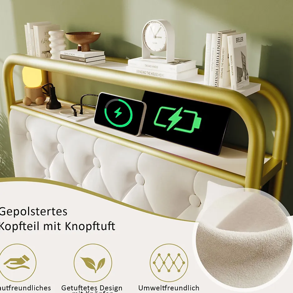 Okwish Lit avec Rangement 90x200 cm - Lit Capitonné Simple avec 2 Tiroirs, Prises USB et LED, Velours, Sans Matelas, Blanc