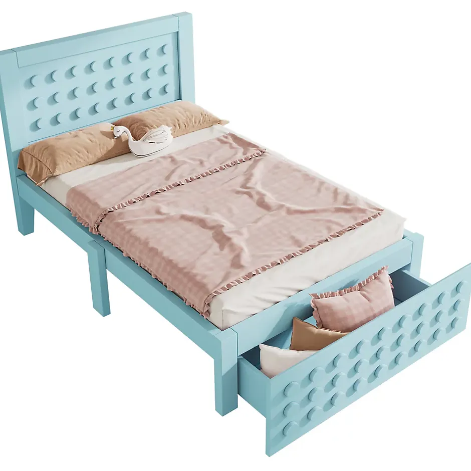 Okwish Lit avec rangement 90x200 cm - Lit simple avec tiroirs intégrés et design créatif - en MDF et bois massif - Bleu - Sans matelas Sale
