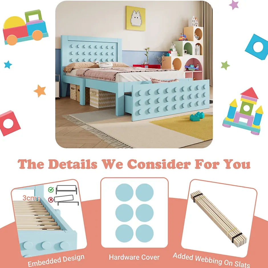 Okwish Lit avec rangement 90x200 cm - Lit simple avec tiroirs intégrés et design créatif - en MDF et bois massif - Bleu - Sans matelas Sale