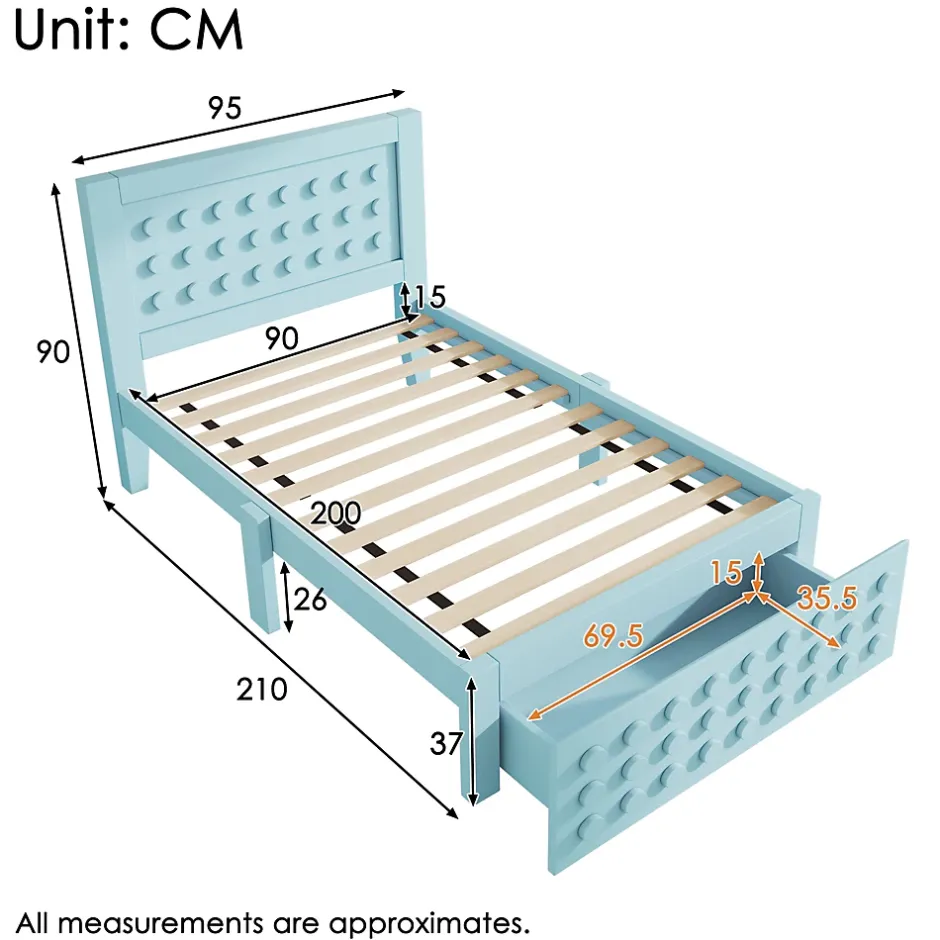 Okwish Lit avec rangement 90x200 cm - Lit simple avec tiroirs intégrés et design créatif - en MDF et bois massif - Bleu - Sans matelas Sale