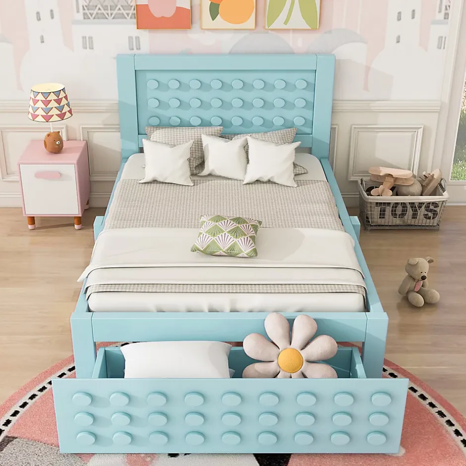 Okwish Lit avec rangement 90x200 cm - Lit simple avec tiroirs intégrés et design créatif - en MDF et bois massif - Bleu - Sans matelas Sale