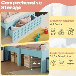 Okwish Lit avec rangement 90x200 cm - Lit simple avec tiroirs intégrés et design créatif - en MDF et bois massif - Bleu - Sans matelas Sale