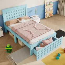 Okwish Lit avec rangement 90x200 cm - Lit simple avec tiroirs intégrés et design créatif - en MDF et bois massif - Bleu - Sans matelas Sale
