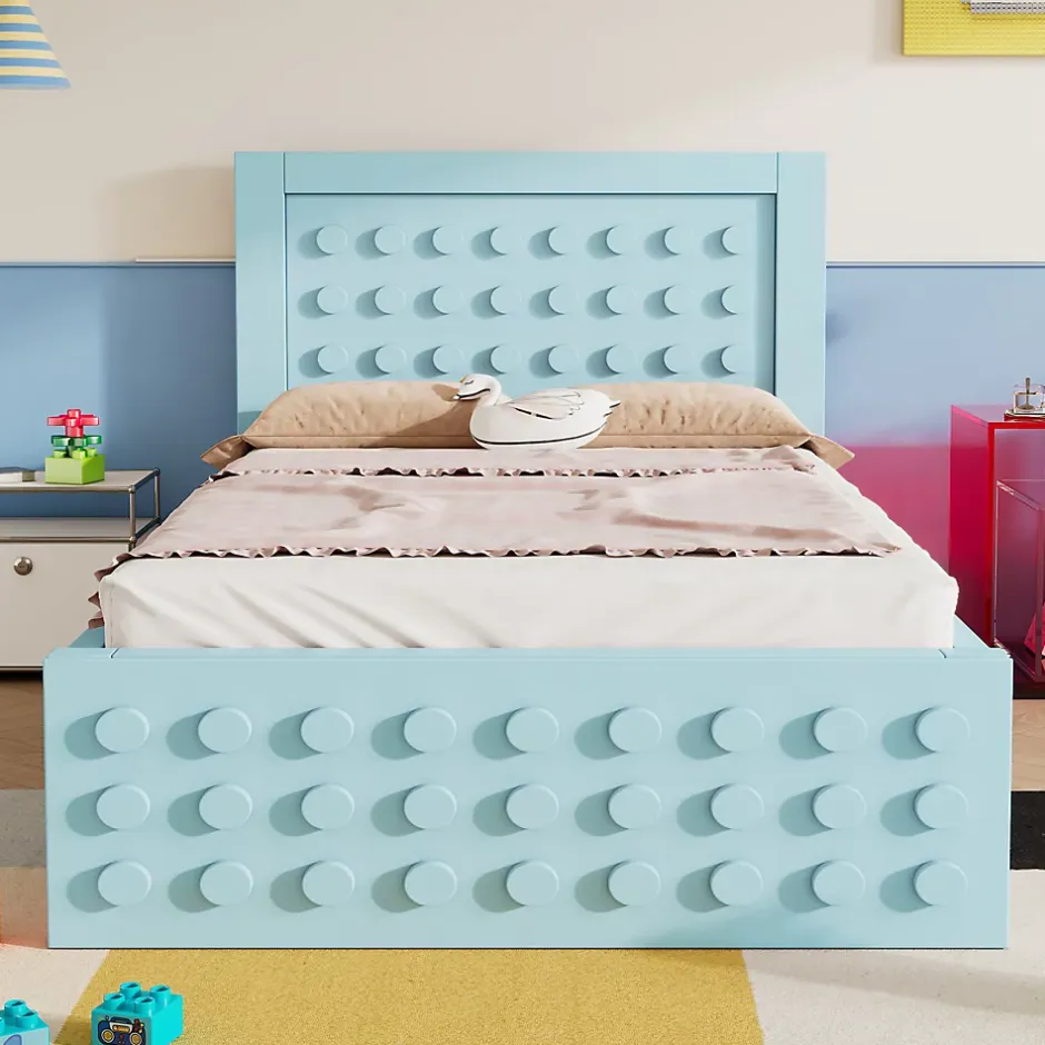 Okwish Lit avec rangement 90x200 cm - Lit simple avec tiroirs intégrés et design créatif - en MDF et bois massif - Bleu - Sans matelas Sale