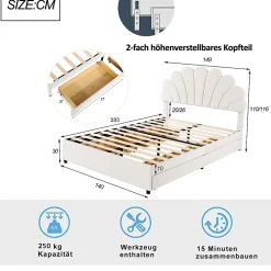 Okwish Lit avec rangement 140x200 cm - Lit double tête fleur - Velours - Sans Matelas - Beige Discount