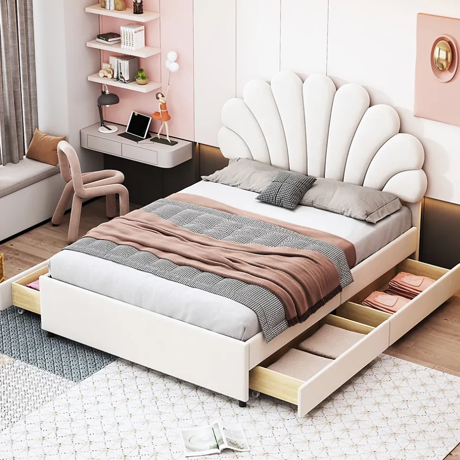 Okwish Lit avec rangement 140x200 cm - Lit double tête fleur - Velours - Sans Matelas - Beige Discount