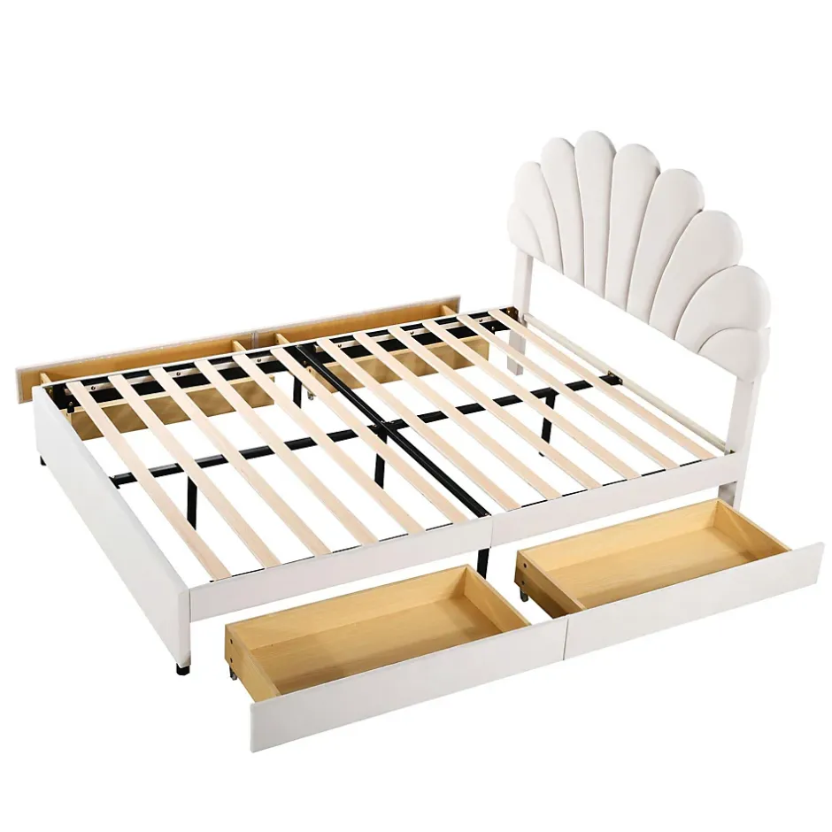 Okwish Lit avec rangement 140x200 cm - Lit double tête fleur - Velours - Sans Matelas - Beige Discount