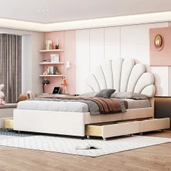 Okwish Lit avec rangement 140x200 cm - Lit double tête fleur - Velours - Sans Matelas - Beige Discount