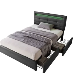 Okwish Lit avec rangement 90x200 cm - Lit simple capitonné avec LED et 2 tiroirs - Bois massif + Lin + Métal - Sans Matelas - Gris Sale