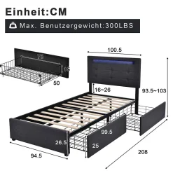 Okwish Lit avec rangement 90x200 cm - Lit simple capitonné avec LED et 2 tiroirs - Bois massif + Lin + Métal - Sans Matelas - Gris Sale