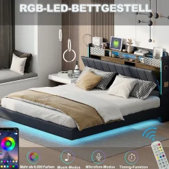 Okwish Lit avec rangement 140x200 cm - Lit double capitonné avec éclairage LED - lin + Métal - Sans matelas - Gris