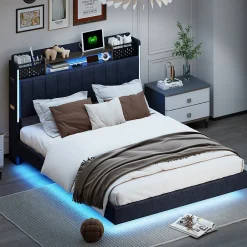 Okwish Lit avec rangement 140x200 cm - Lit double capitonné avec éclairage LED - lin + Métal - Sans matelas - Gris