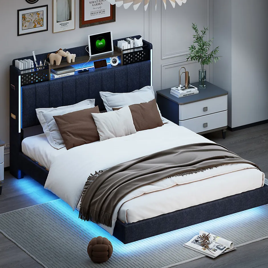 Okwish Lit avec rangement 140x200 cm - Lit double capitonné avec éclairage LED - lin + Métal - Sans matelas - Gris