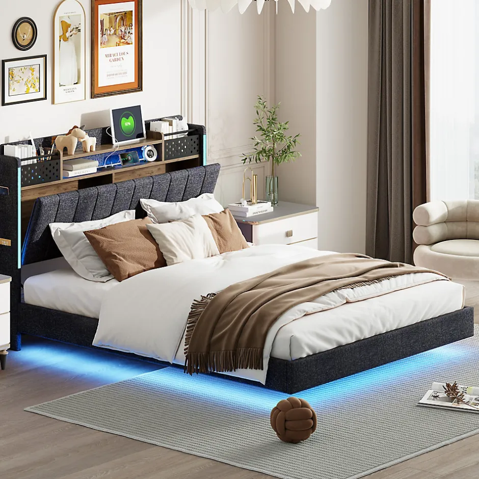 Okwish Lit avec rangement 140x200 cm - Lit double capitonné avec éclairage LED - lin + Métal - Sans matelas - Gris