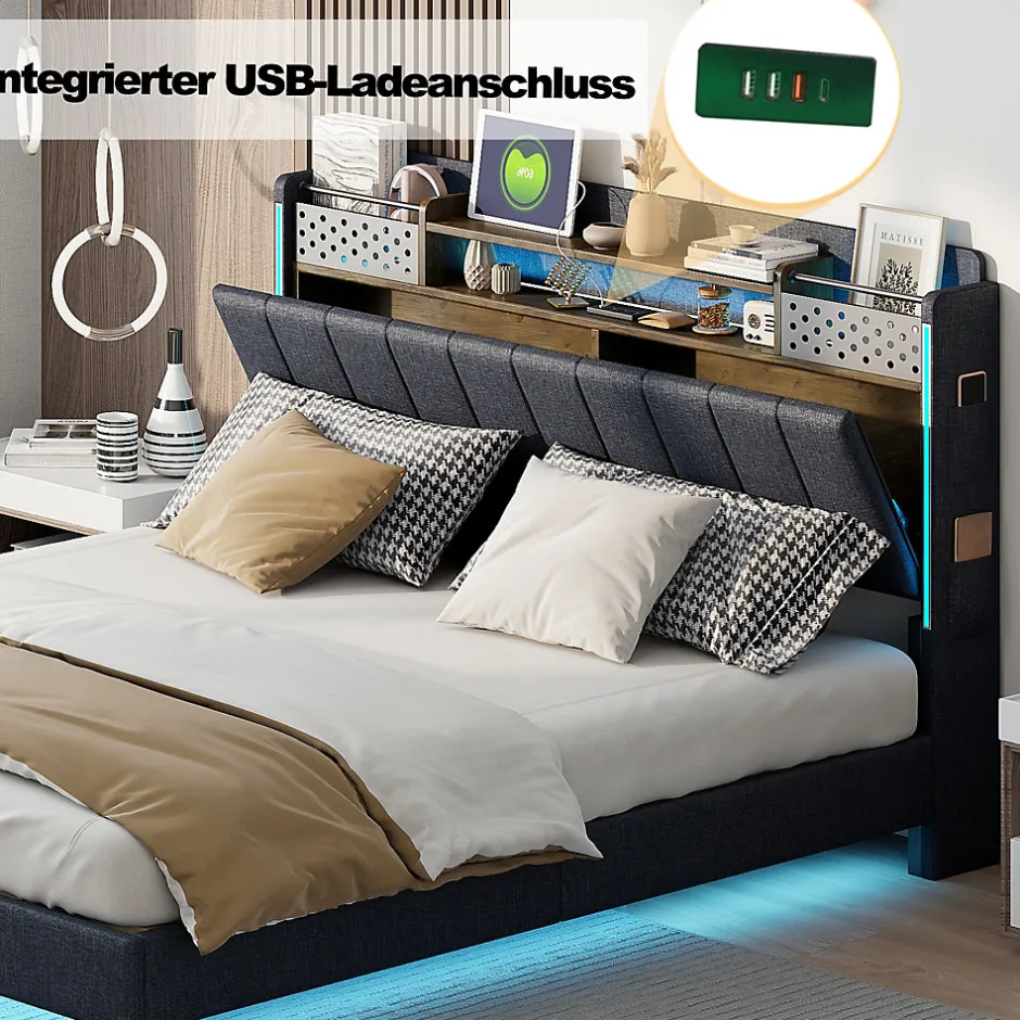 Okwish Lit avec rangement 140x200 cm - Lit double capitonné avec éclairage LED - lin + Métal - Sans matelas - Gris