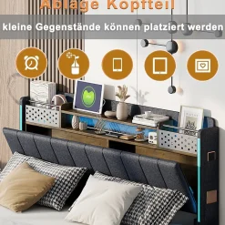 Okwish Lit avec rangement 140x200 cm - Lit double capitonné avec éclairage LED - lin + Métal - Sans matelas - Gris