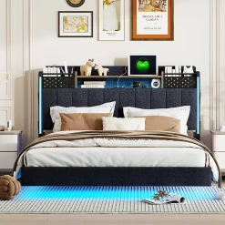 Okwish Lit avec rangement 140x200 cm - Lit double capitonné avec éclairage LED - lin + Métal - Sans matelas - Gris
