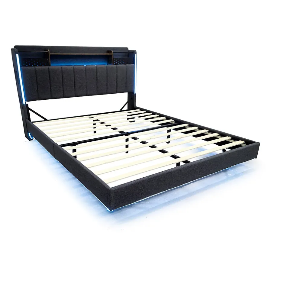 Okwish Lit avec rangement 140x200 cm - Lit double capitonné avec éclairage LED - lin + Métal - Sans matelas - Gris