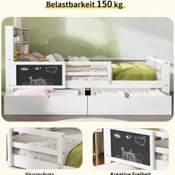 Okwish Lit avec rangement 90x200 cm - Lit enfant simple avec 2 tiroirs et table, structure en bois massif et MDF - Blanc - Sans matelas