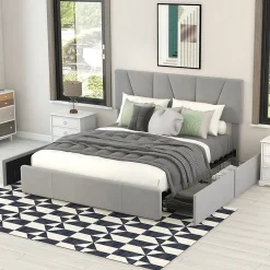 Okwish Lit avec rangement 140x200 cm - Lit rembourré avec tête de lit réglable et 4 tiroirs - Bois de pin + Velours - Sans matelas - Gris