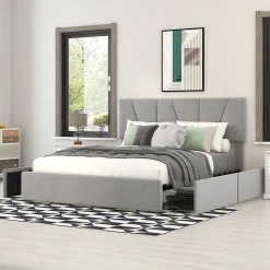 Okwish Lit avec rangement 140x200 cm - Lit rembourré avec tête de lit réglable et 4 tiroirs - Bois de pin + Velours - Sans matelas - Gris