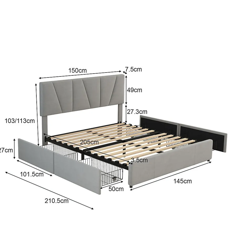 Okwish Lit avec rangement 140x200 cm - Lit rembourré avec tête de lit réglable et 4 tiroirs - Bois de pin + Velours - Sans matelas - Gris