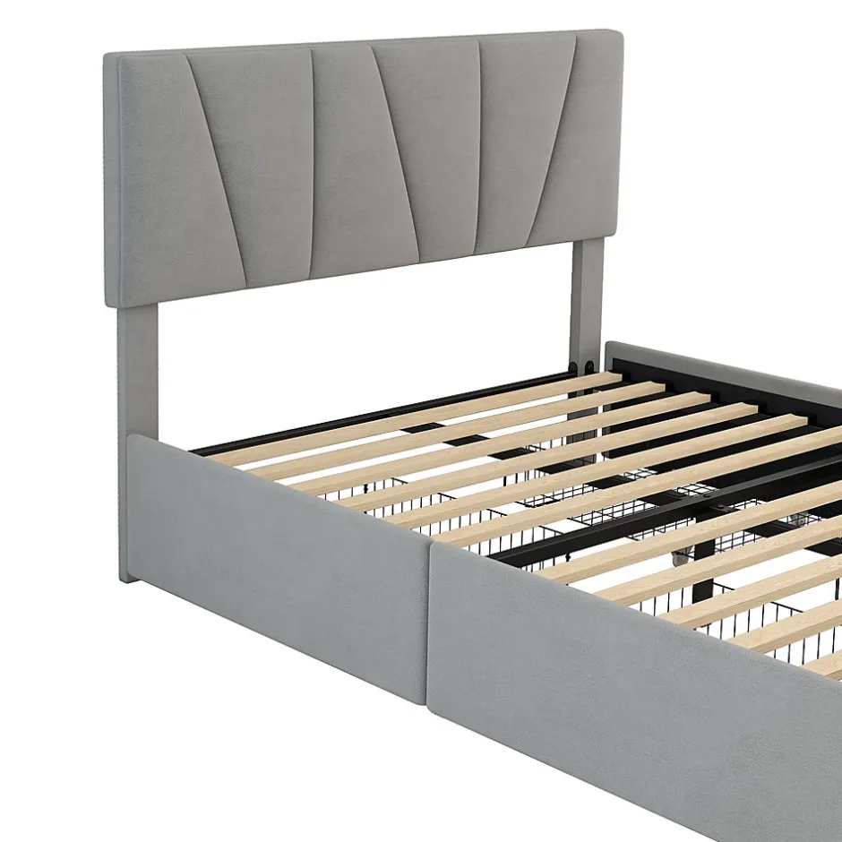 Okwish Lit avec rangement 140x200 cm - Lit rembourré avec tête de lit réglable et 4 tiroirs - Bois de pin + Velours - Sans matelas - Gris
