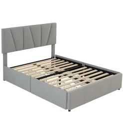 Okwish Lit avec rangement 140x200 cm - Lit rembourré avec tête de lit réglable et 4 tiroirs - Bois de pin + Velours - Sans matelas - Gris