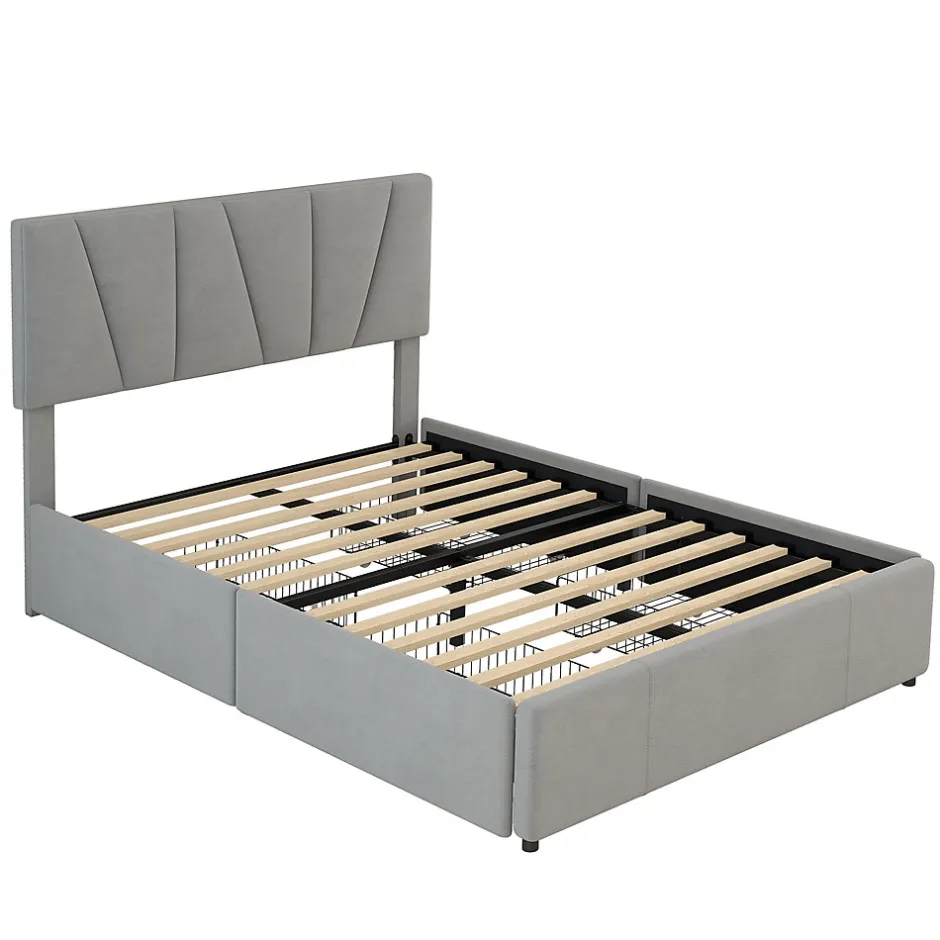 Okwish Lit avec rangement 140x200 cm - Lit rembourré avec tête de lit réglable et 4 tiroirs - Bois de pin + Velours - Sans matelas - Gris
