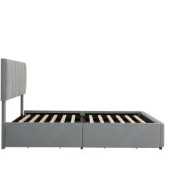 Okwish Lit avec rangement 140x200 cm - Lit rembourré avec tête de lit réglable et 4 tiroirs - Bois de pin + Velours - Sans matelas - Gris