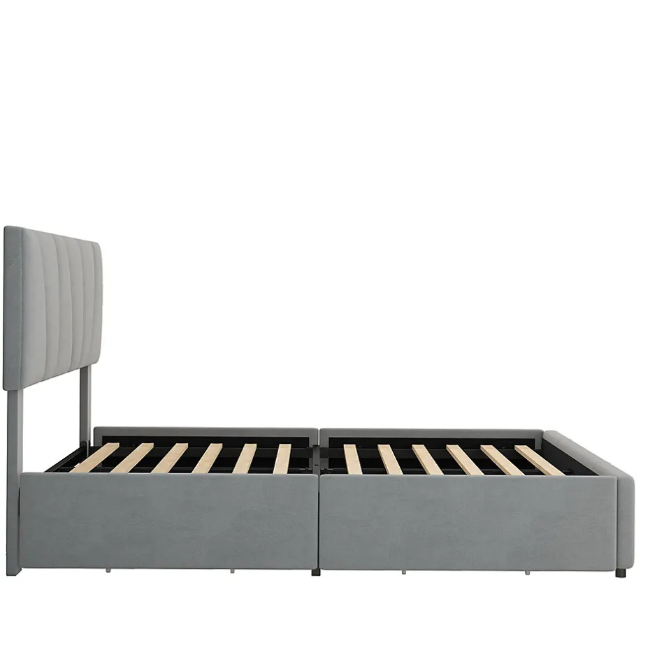 Okwish Lit avec rangement 140x200 cm - Lit rembourré avec tête de lit réglable et 4 tiroirs - Bois de pin + Velours - Sans matelas - Gris
