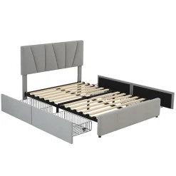 Okwish Lit avec rangement 140x200 cm - Lit rembourré avec tête de lit réglable et 4 tiroirs - Bois de pin + Velours - Sans matelas - Gris