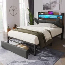 Okwish Lit avec rangement 90x200 cm - Lit simple rembourré avec tiroirs et fonction de chargement USB - Lin - Sans Matelas - Gris Outlet