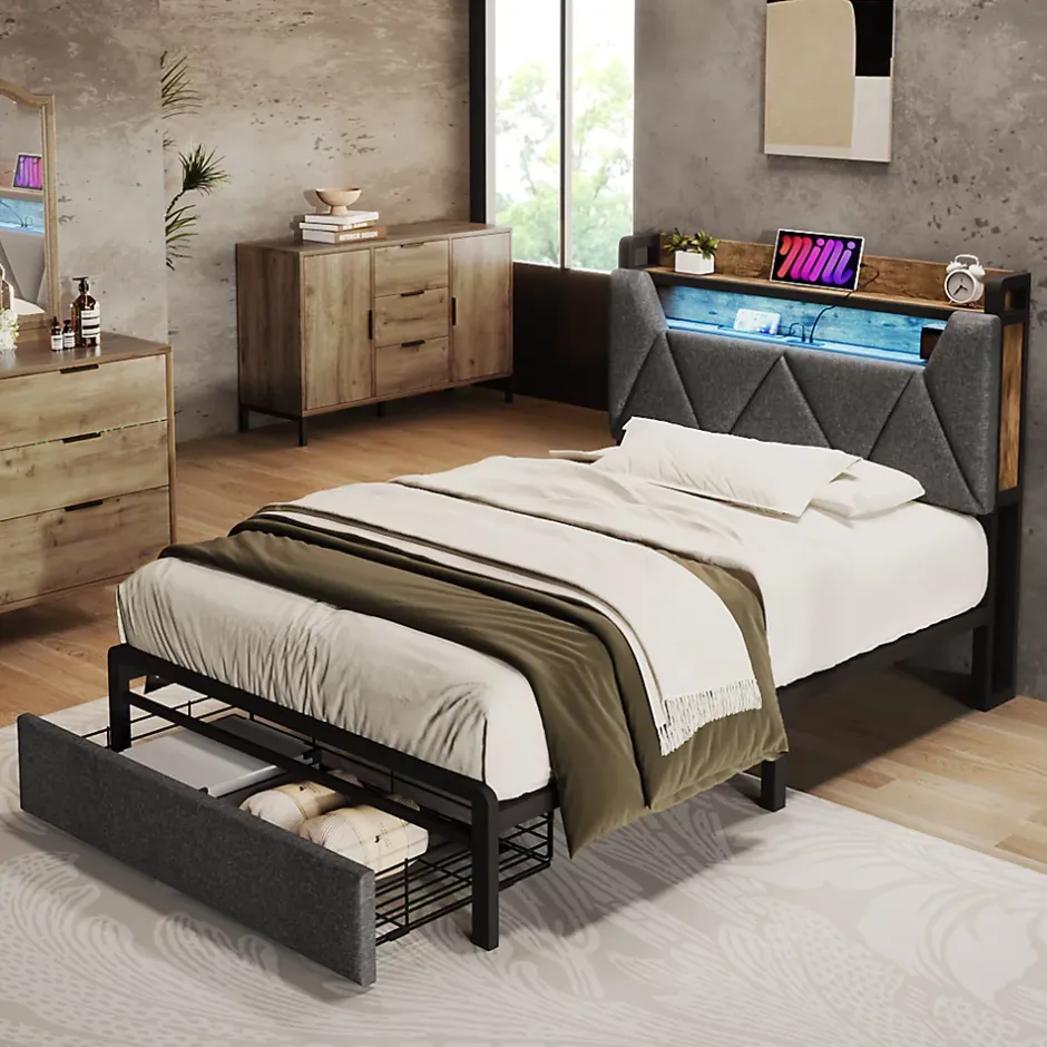 Okwish Lit avec rangement 90x200 cm - Lit simple rembourré avec tiroirs et fonction de chargement USB - Lin - Sans Matelas - Gris Outlet