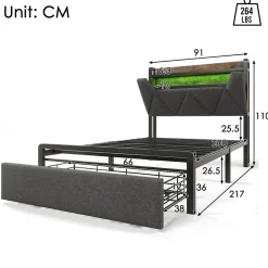 Okwish Lit avec rangement 90x200 cm - Lit simple rembourré avec tiroirs et fonction de chargement USB - Lin - Sans Matelas - Gris Outlet