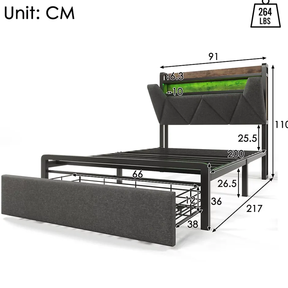 Okwish Lit avec rangement 90x200 cm - Lit simple rembourré avec tiroirs et fonction de chargement USB - Lin - Sans Matelas - Gris Outlet