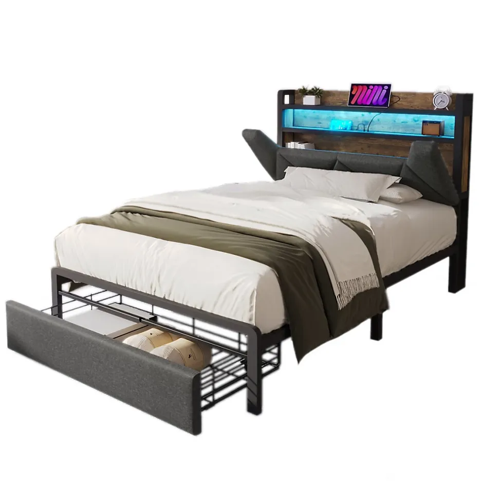 Okwish Lit avec rangement 90x200 cm - Lit simple rembourré avec tiroirs et fonction de chargement USB - Lin - Sans Matelas - Gris Outlet