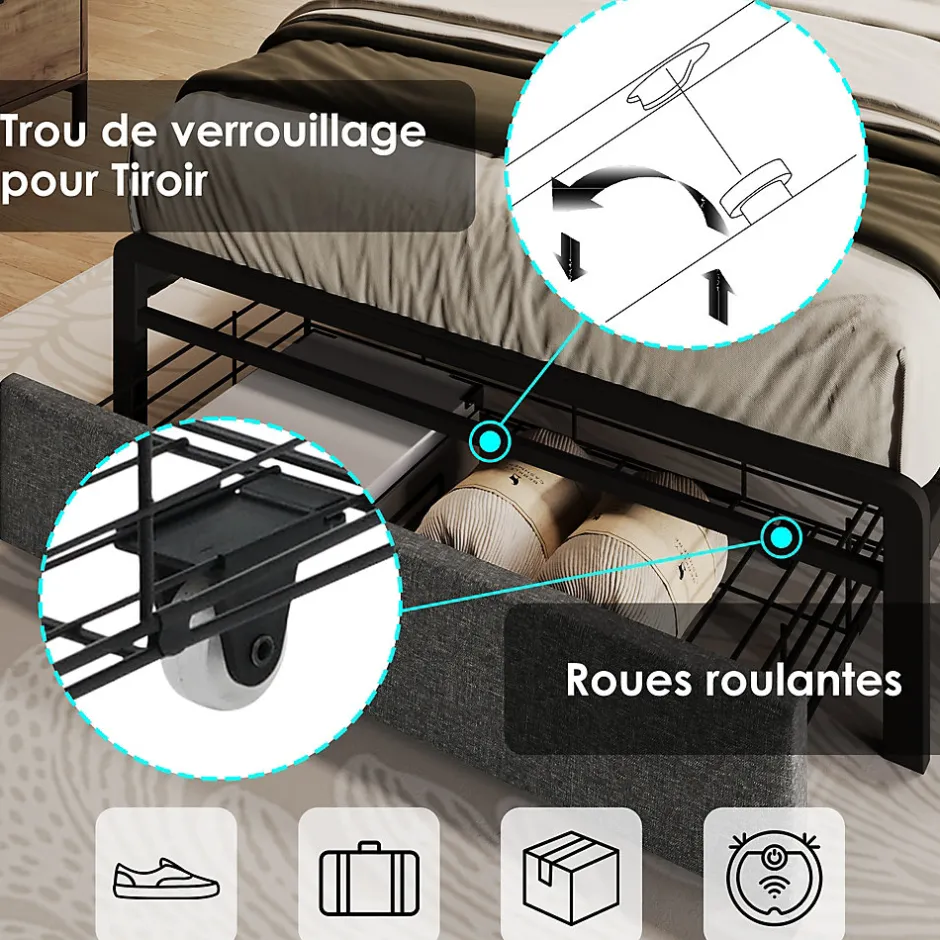 Okwish Lit avec rangement 90x200 cm - Lit simple rembourré avec tiroirs et fonction de chargement USB - Lin - Sans Matelas - Gris Outlet