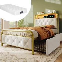 Okwish Lit avec Rangement 90x200 cm - Lit Simple Capitonné avec 2 Tiroirs, Ports USB et LED, Matelas Inclus, Velours, Blanc