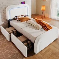 Okwish Lit avec rangement 90x200 cm - Lit simple rembourré avec 2 tiroirs et USB Type-C - Sherpa - Sans Matelas - Blanc