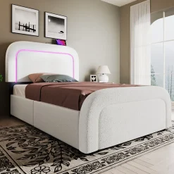 Okwish Lit avec rangement 90x200 cm - Lit simple rembourré avec 2 tiroirs et USB Type-C - Sherpa - Sans Matelas - Blanc