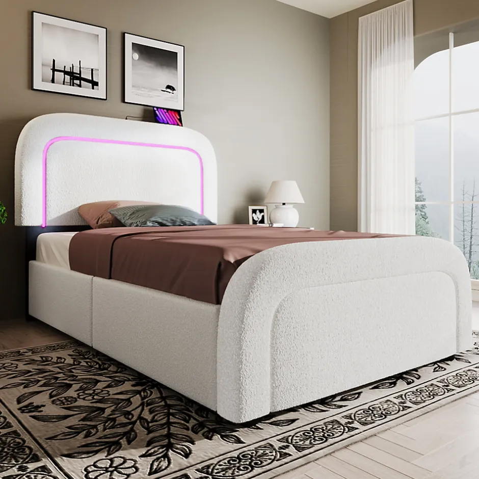 Okwish Lit avec rangement 90x200 cm - Lit simple rembourré avec 2 tiroirs et USB Type-C - Sherpa - Sans Matelas - Blanc